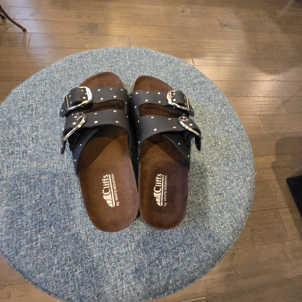 Cliffs by White Mountain, Black Double Buckle Studded Slide Sandals - Picture 2 of 8